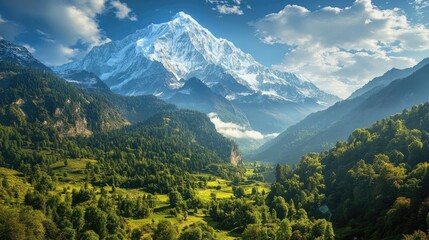 Obraz premium A towering snowy peak overlooking a dense, green valley, symbolizing the grandeur and powerful beauty of nature's landscape
