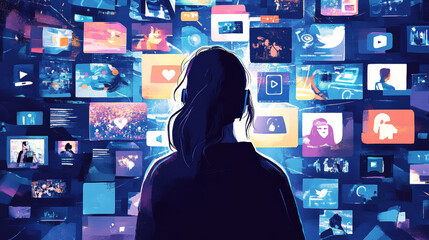 A woman is looking at a screen filled with images of social media, online shopping, banking apps, video games, and popular internet personalities. This shows how we're connected through the web.