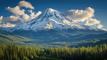 Fototapeta premium Snow-capped mountain peak rising above a dense forested valley, capturing the grandeur and power of nature's majesty