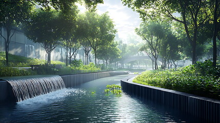 Exploring the tranquil beauty of a scenic landscape with a serene stream flowing through lush greenery