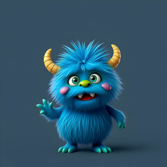 Fototapeta premium Cute blue furry monster 3D cartoon character cute furry monster green monster