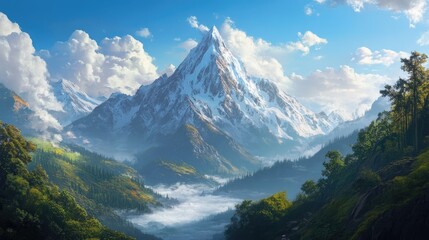 Fototapeta premium Snow-capped mountain peak towering over a lush valley of forests, capturing the majesty and power of nature