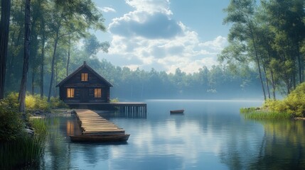 Fototapeta premium Peaceful lakeside cabin with a wooden dock and small boat. Featuring a tranquil setting and natural surroundings. Highlighting relaxation and nature. Ideal for travel and lifestyle magazines.