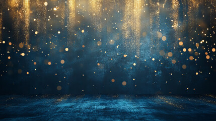 A dramatic dark blue stage with shimmering gold spotlights and glitter. This elegant background is perfect for an award ceremony, anniversary celebration, or a special recognition event.