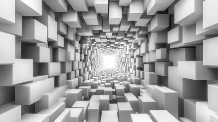 Exploring an abstract tunnel of white cubes leading to a bright light at the end, evoking a sense of depth and endless possibility
