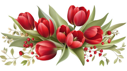 Obraz premium A vibrant bouquet of red tulips surrounded by green leaves and delicate berries on a black background.