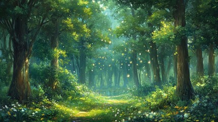 Magical Forest Path with Glowing Lights and Lush Greenery