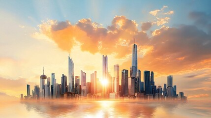 Fototapeta premium A stunning city skyline at sunset, reflecting on water, showcasing modern architecture against a colorful sky.
