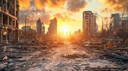 Fototapeta premium A desolate cityscape at sunset, showcasing ruins of buildings and a dramatic sky, evoking a sense of loss and beauty.