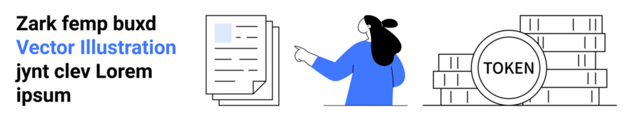 Business elements including documents, a professional woman pointing and digital tokens. Ideal for finance, online services, cryptocurrency, digital transactions, and modern business. Banner