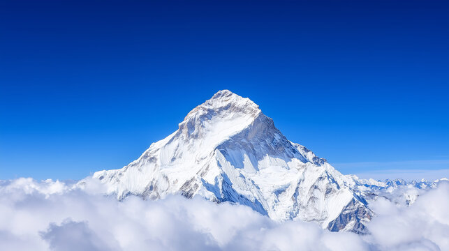 A breathtaking aerial view of a snow-capped mountain peak, towering above a sea of fluffy clouds against a vibrant blue sky.