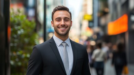 Fototapeta premium confident businessman in an elegant pinstripe suit and silk tie is leaning against a wall in a contemporary office lobby.