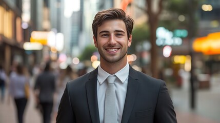 Fototapeta premium confident businessman in an elegant pinstripe suit and silk tie is leaning against a wall in a contemporary office lobby.
