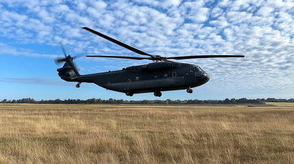 A large military helicopter with a distinctive rotor system flies over a vast field.