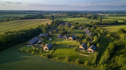 Aerial view of a serene countryside with modern homes amidst lush greenery and fields.