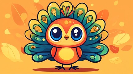 Funny cartoon peacock character illustration with big eyes  is a cute vector design for wildlife nature art
