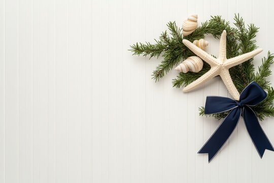 Coastal wreath with starfish, seashells, and green foliage on a white background.