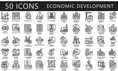 Economic development black outline icons set. contain digital money, export, analysis, development, exchange, investment and more. Vector EPS 10 for UI or UX kit, web and app, business, finance.