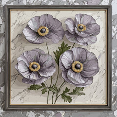 Elegant floral wall art featuring four handcrafted gray anemone flowers with detailed petals and a sophisticated frame