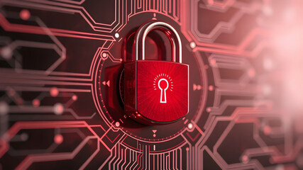Red smart Digital padlock within a circular electronic circuit board, digital security and protection from cyber threats