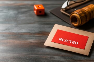 Rejected application notice on a desk with office supplies, dark wooden surface.