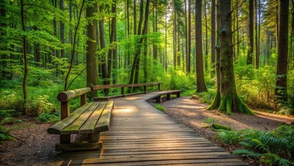 Obraz premium Scenic wooden walkway and bench in lush forest