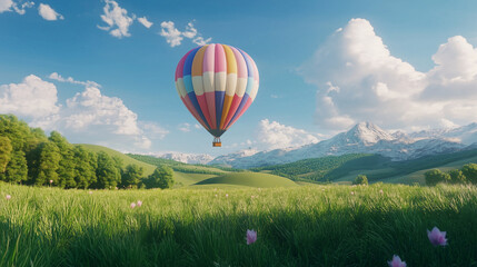 Obraz premium Hot Air Balloon Soaring Over Majestic Mountains