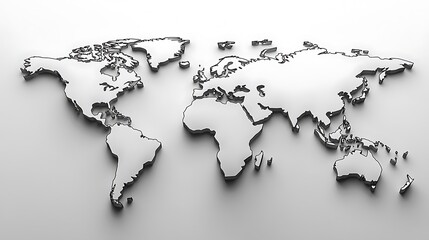 Global Perspective: A 3D embossed world map, rendered in grayscale, offers a minimalist yet powerful visual representation of international connectivity and global reach.