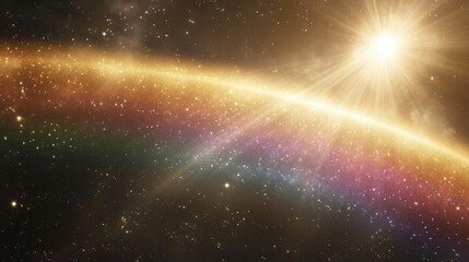 A cosmic scene featuring a radiant sun and a colorful spectrum over a celestial landscape.