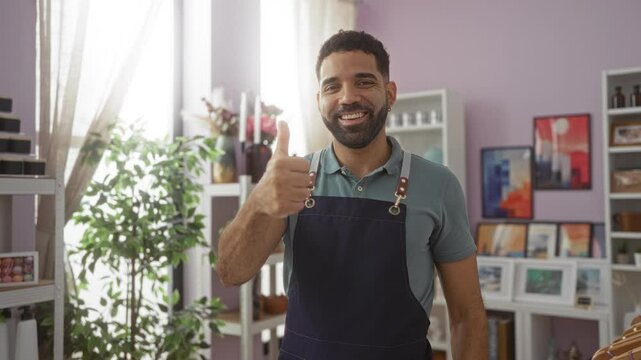 Young man with crossed arms in a home decor shop surrounded by vibrant decorations and indoor plants