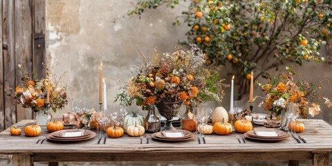 Rustic Autumn Festival Table Setting with Seasonal Decor and Centerpieces