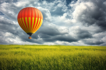 Hot Air Balloon Soaring Over a Field