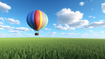 Naklejka premium Hot Air Balloon Soaring Over Green Field