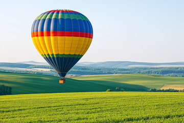 Naklejka premium Hot Air Balloon Soaring Over Lush Green Fields