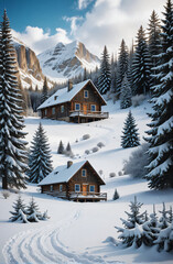 Minimalistic Seasonal Tranquil Snowy Cabin Scene