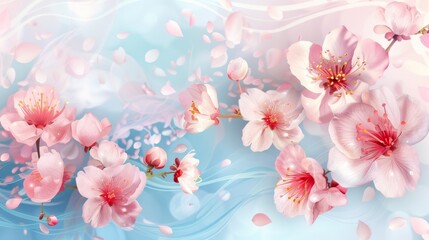 Delicate Pink Flowers Floating on a Blue and White Background with Petals Falling