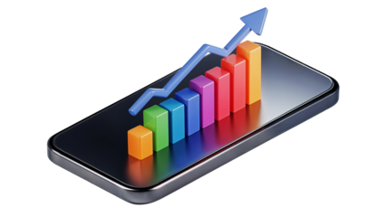 Mobile Growth Concept, colorful bar chart, upward arrow, smartphone, digital progress, analytics visualization Isolated on white background or PNG