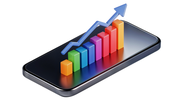 Mobile Growth Concept, colorful bar chart, upward arrow, smartphone, digital progress, analytics visualization Isolated on white background or PNG