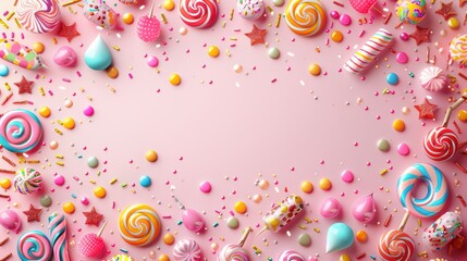 Colorful Candy Icons and Treats on Pink Background