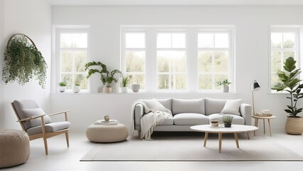 Fototapeta premium Scandinavian living room with a minimalist aesthetic, beautifully illuminated by soft natural light.