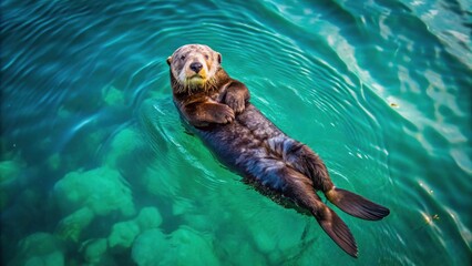 Fototapeta premium Sea otter swimming in its natural marine habitat