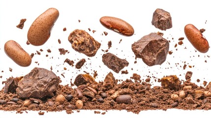 Obraz premium A dynamic composition of chocolate pieces and cocoa elements in mid-air.