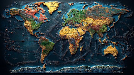Fototapeta premium World Map Embossed: A textured, embossed world map with a deep blue background, showcasing continents in vibrant hues. The map evokes a sense of global interconnectedness and exploration. 