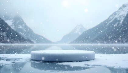 Snowy podium on frozen lake with snowfall winter mockup concept