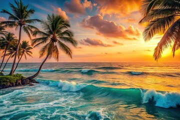 Sea with turquoise waves, orange sky, palm trees with blue leaves in dreamy aesthetic style