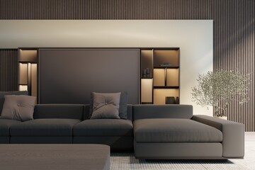 A living room with a black couch and a black wall. The couch is covered in pillows and the wall has a shelf with books. There is a potted plant on the right side of the couch