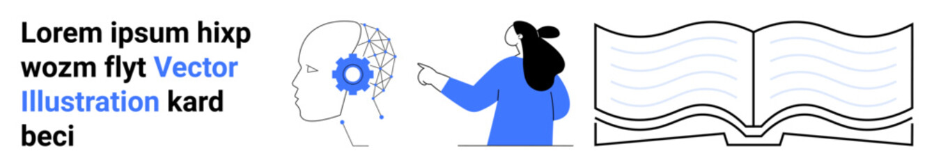 Human head with a brain gear, a person pointing at a gear, and an open book. Ideal for education, online learning, brain training, cognitive development, and technology in education. Banner