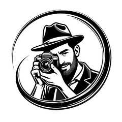 photographer logo, camera icon design, creative logo of photographer with swirling line, sleek black and white design