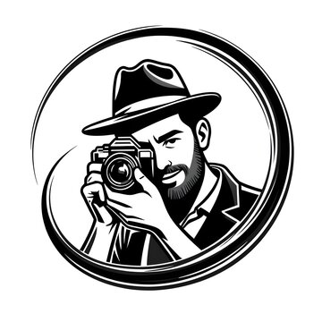 photographer logo, camera icon design, creative logo of photographer with swirling line, sleek black and white design
