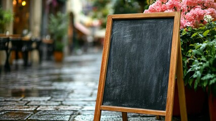 A blank chalkboard sits on a wet cobblestone street in front of a cafe - Powered by Adobe